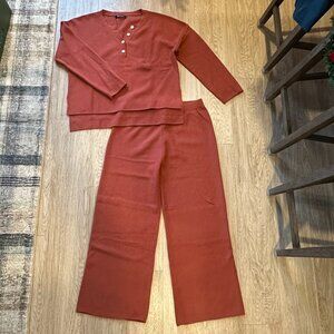 2 Piece - Long Sleeve Button Knit Pullover Sweater and Pants Lounge Set